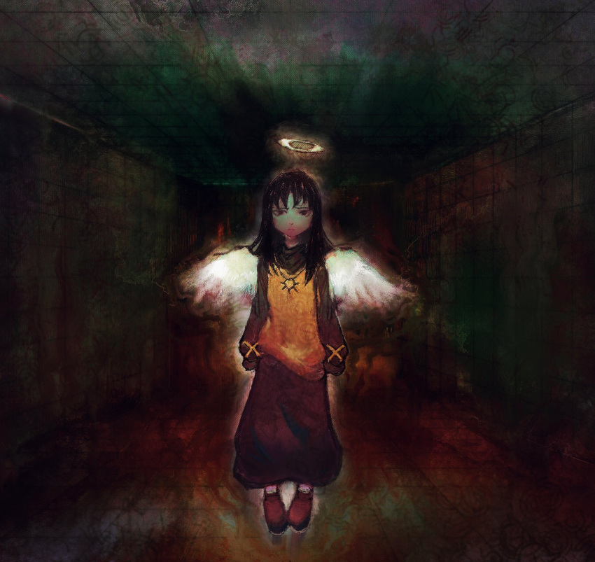 1girl alternate_costume angel angel_wings black_eyes black_hair brown_footwear brown_skirt ceiling closed_mouth dark dark_background feathered_wings floating full_body haibane_renmei halo highres indoors kitoral long_hair long_skirt long_sleeves looking_at_viewer negative_space orange_vest reki_(haibane) shoes skirt sleeves_past_fingers sleeves_past_wrists solo tile_ceiling tile_floor tile_wall tiles vest wings yellow_halo