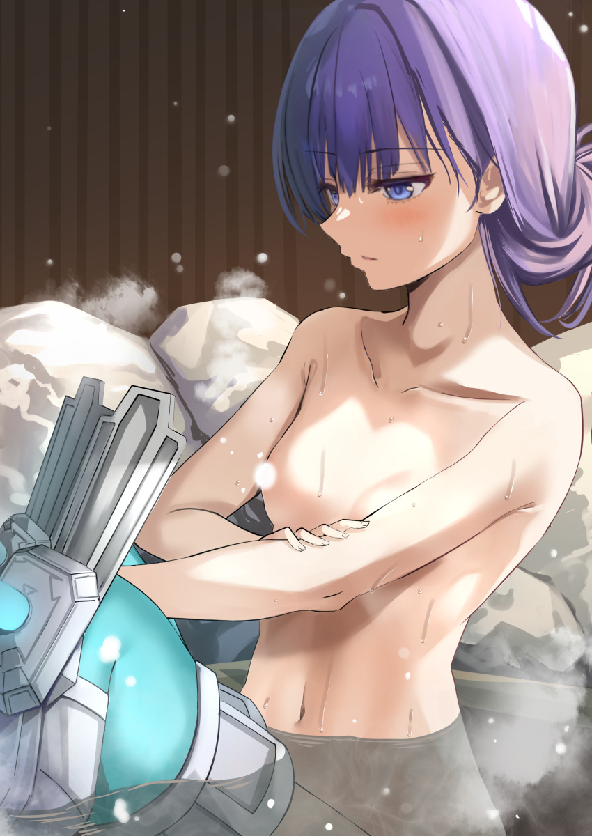 1girl absurdres armored_boots bare_shoulders bathing blue_eyes blush boots breasts closed_mouth collarbone fate/grand_order fate_(series) highres kesoshirou long_hair meltryllis_(fate) navel nude onsen partially_submerged purple_hair rock small_breasts solo steam very_long_hair water wet