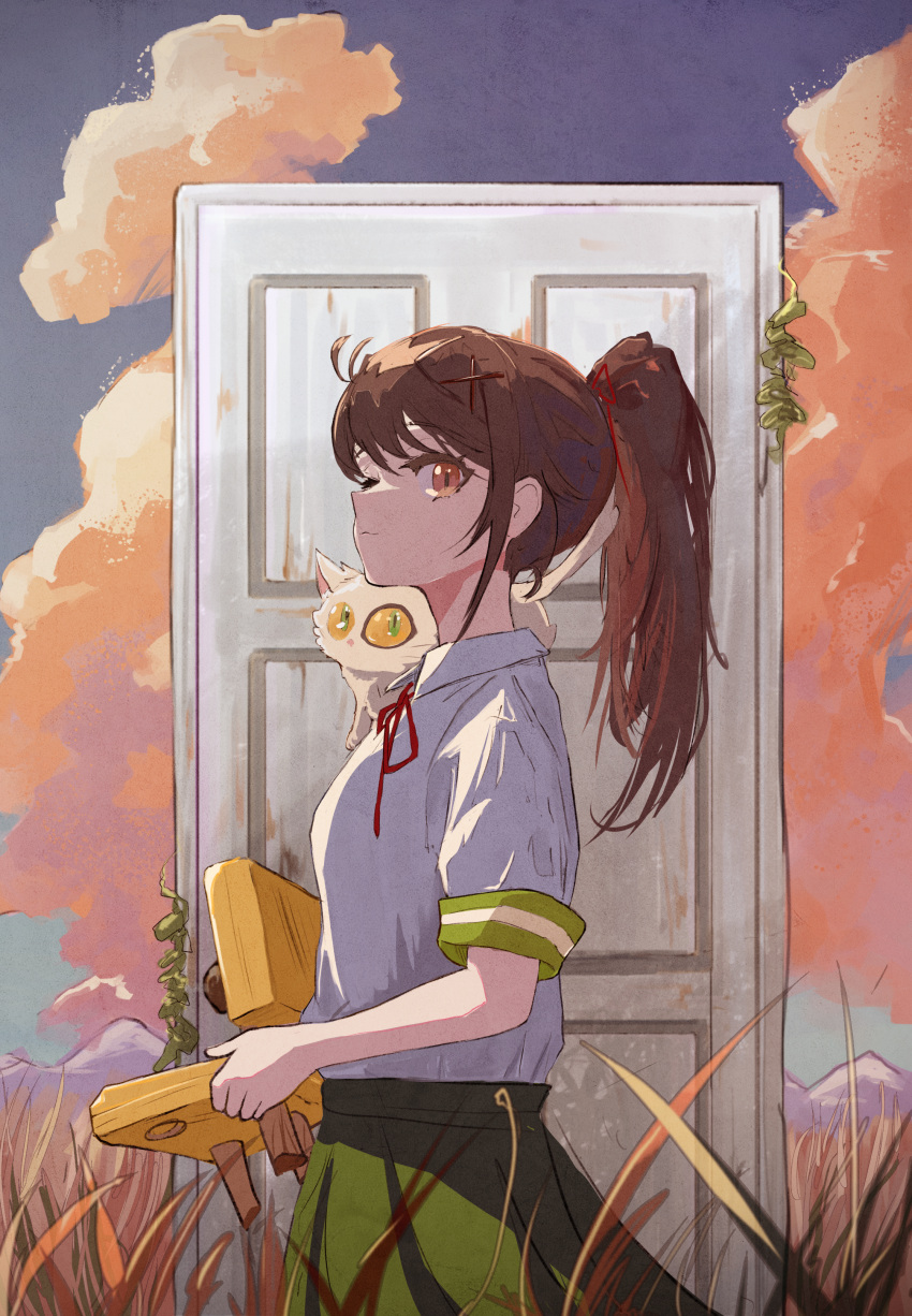 1girl absurdres animal_on_shoulder brown_eyes brown_hair closed_mouth cloud cloudy_sky collared_shirt commentary green_skirt hair_ornament highres holding iwato_suzume looking_at_viewer mountainous_horizon nereb_72 outdoors pleated_skirt ponytail red_ribbon ribbon shirt shirt_tucked_in short_sleeves skirt sky sliding_doors solo suzume_no_tojimari tall_grass upper_body white_shirt