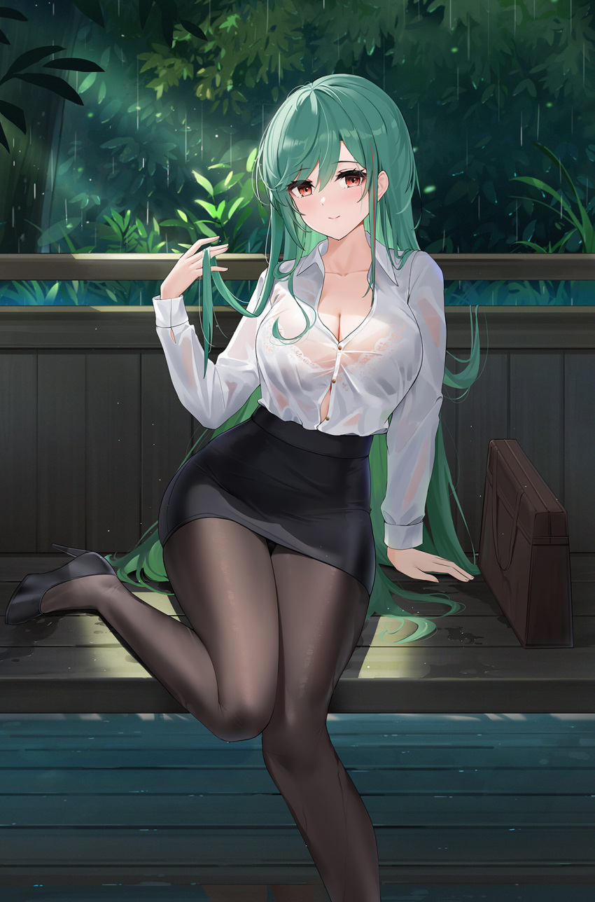 1girl azur_lane black_pantyhose black_skirt bra breasts collared_shirt green_hair highres lace lace_bra large_breasts littorio_(azur_lane) littorio_(sitting_in_the_rain)_(azur_lane) long_hair looking_at_viewer office_lady official_alternate_costume on_bench pantyhose qing_wu rain red_eyes see-through see-through_shirt shirt skirt solo underwear wet wet_clothes wet_shirt white_bra white_shirt wooden_bench