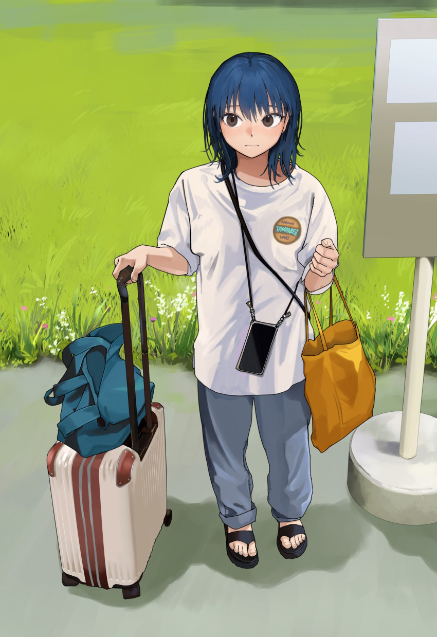 1girl absurdres black_footwear blue_hair blue_pants brown_hair cellphone closed_mouth day feet full_body grass hands_up highres holding holding_luggage looking_at_viewer medium_hair mmmo3 original outdoors oversized_clothes pants phone sandals shadow shirt short_sleeves smartphone solo t-shirt toenails toes white_shirt