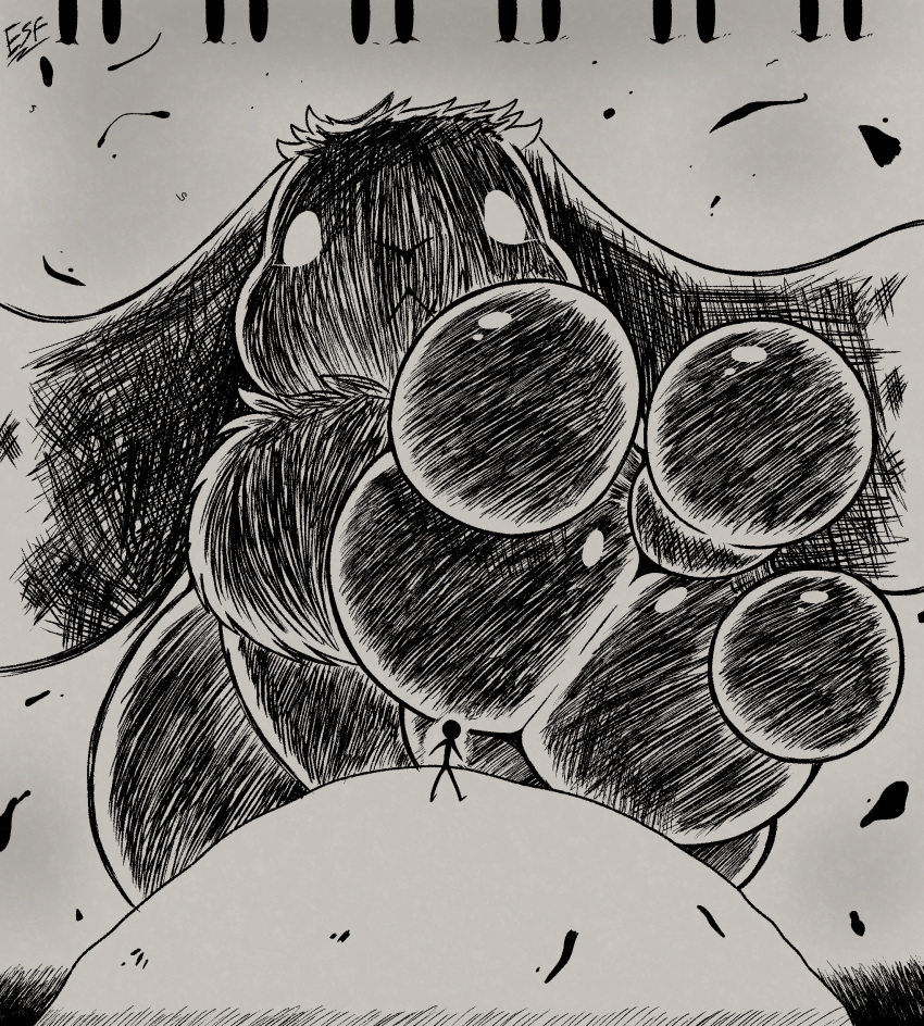 3_toes ambiguous_gender anthro black_body black_fur duo electricsnowfox feet foot_focus fur hi_res humanoid_feet lagomorph leporid macro mammal micro monochrome plantigrade rabbit soles stick_figure toes walking