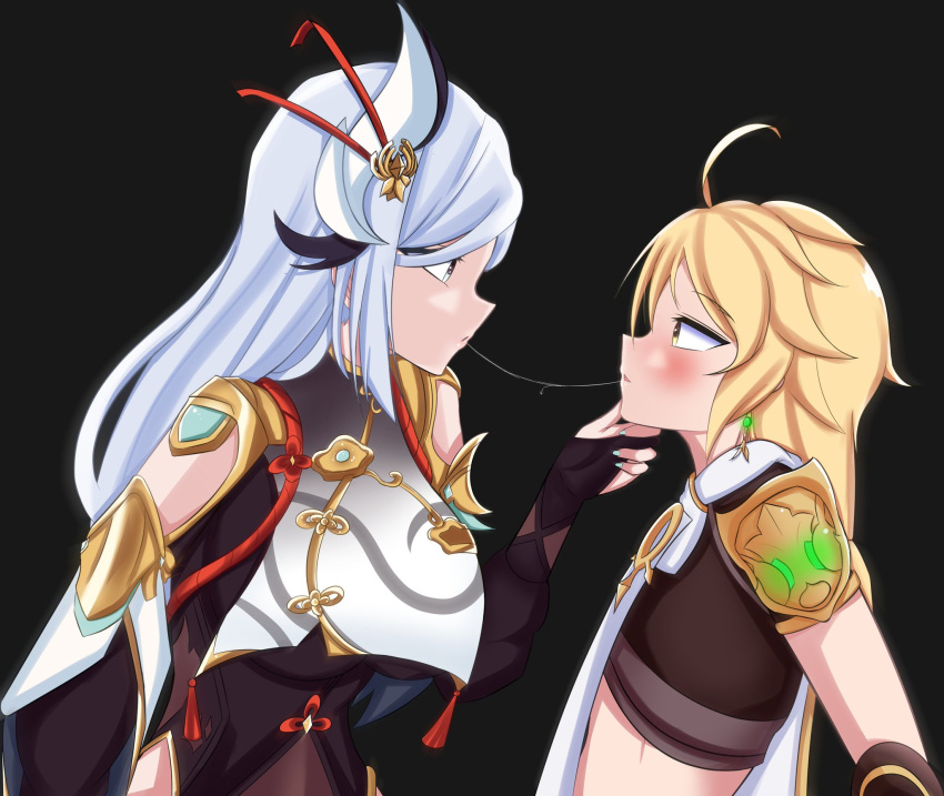 1boy 1girl aether_(genshin_impact) after_kiss blonde_hair blush couple drooling eye_contact genshin_impact grabbing hetero highres kiss long_hair looking_at_another saliva saliva_swap saliva_trail shenhe_(genshin_impact) surprise_kiss surprised white_hair