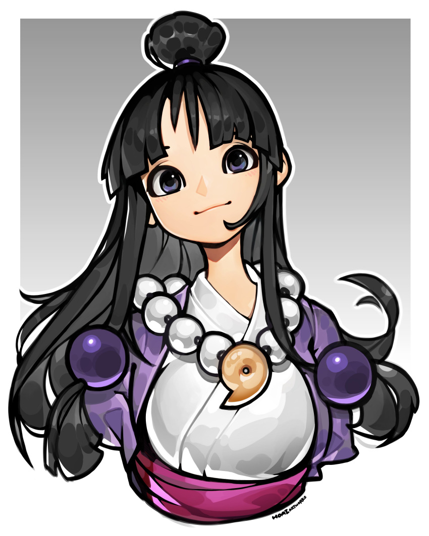 1girl absurdres ace_attorney bead_necklace beads black_eyes black_hair gradient_background grey_background hair_beads hair_ornament highres hoai_vu jewelry long_hair magatama magatama_necklace maya_fey necklace solo topknot