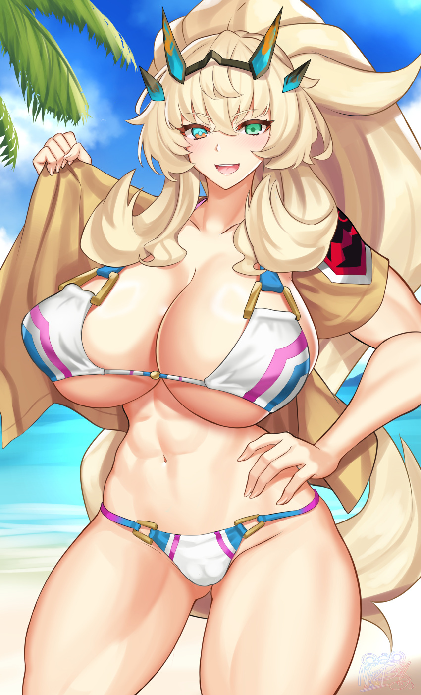 1girl abs absurdres barghest_(fate) barghest_(swimsuit_archer)_(fate) bikini blonde_hair blush breasts cleavage collarbone fate/grand_order fate_(series) high_ponytail highres horns huge_breasts long_hair looking_at_viewer muscular muscular_female navel nez-box open_mouth smile solo swimsuit thick_thighs thighs white_bikini