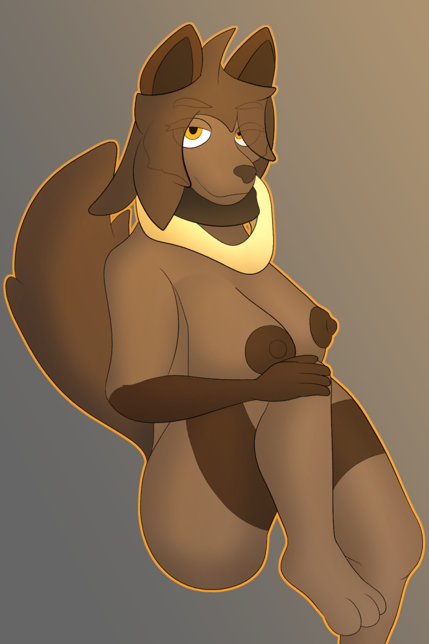 anthro areola big_breasts breasts brown_areola brown_body brown_ears brown_fur brown_hair brown_markings brown_nipples brown_tail canid canine canis donya_desmond female fur gloves_(marking) gusta hair hi_res mammal markings nipples orange_eyes sitting solo tail wolf