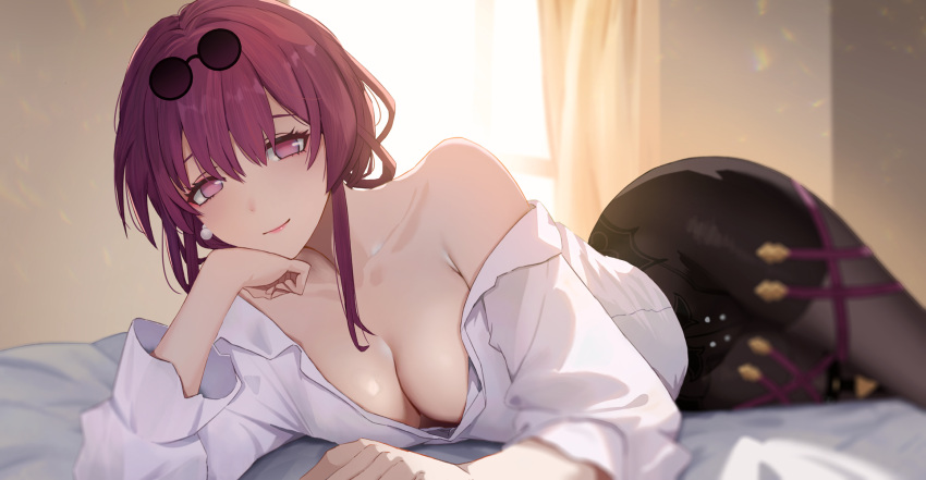 1girl blush breasts cleavage clisapex collarbone eyewear_on_head high-waist_shorts highres honkai:_star_rail honkai_(series) kafka_(honkai:_star_rail) large_breasts long_hair long_sleeves looking_at_viewer pantyhose pantyhose_under_shorts purple_eyes purple_hair round_eyewear shirt shorts single_bare_shoulder smile solo sunglasses white_shirt