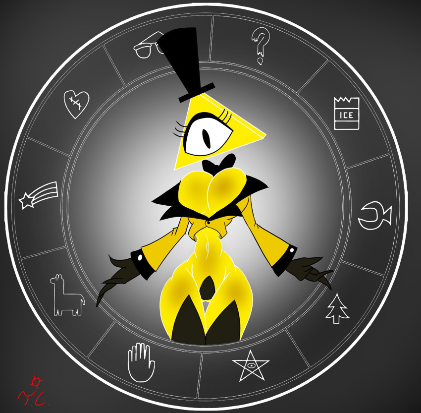 1_eye bill_cipher claws clothed clothing crossgender disney female gravity_falls hat headgear headwear hi_res humanoid nsfwtheodore partially_clothed simple_background solo thick_thighs yellow_body