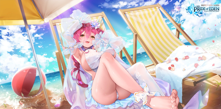 1girl absurdres armpits arms_up ball barefoot beach beach_chair beach_umbrella beachball braid breasts chair day detached_sleeves flower hair_flower hair_ornament highleg highres kanola_u large_breasts legs looking_at_viewer lounge_chair official_art outdoors pink_hair red:_pride_of_eden sand see-through see-through_sleeves side_braid sideboob single_thighhigh smile solo thighhighs umbrella yellow_eyes