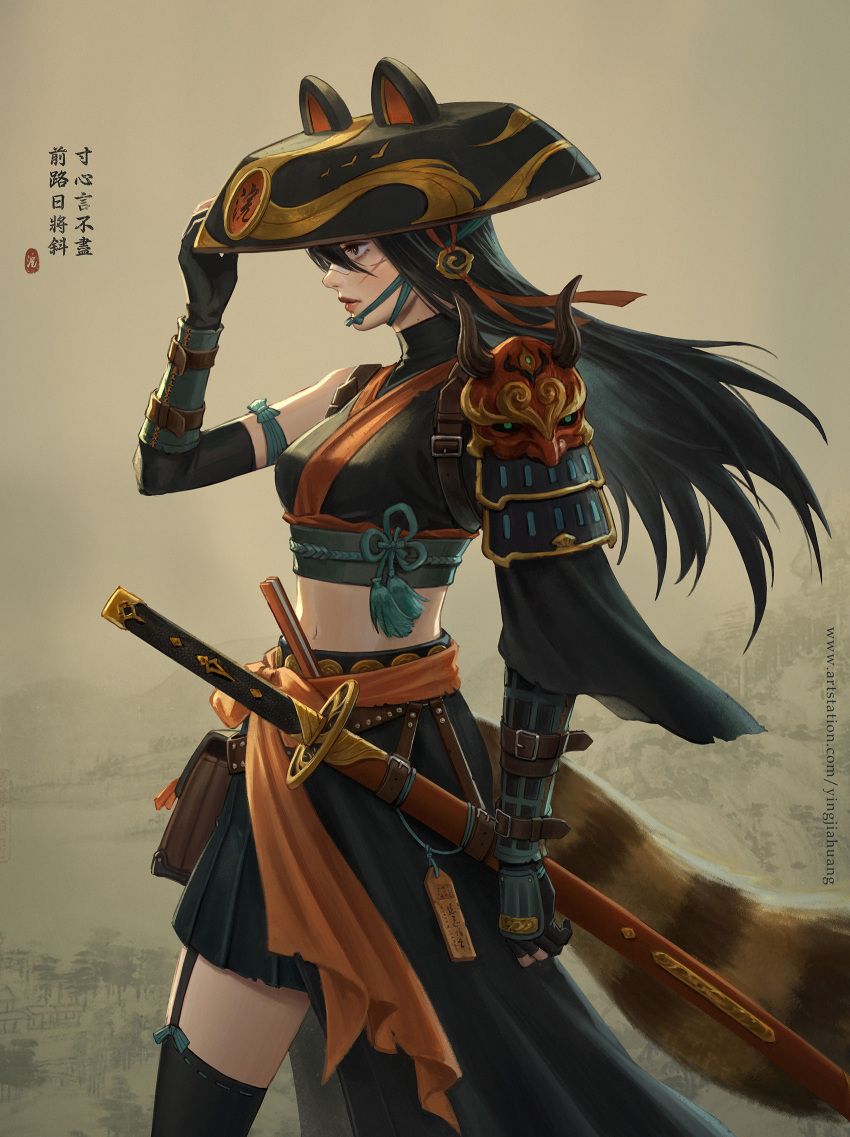 1girl animal_ears arm_at_side arm_ribbon armor bandaid bandaid_on_face bandaid_on_nose belt_pouch black_gloves black_hair black_headwear black_skirt black_thighhighs breasts chin_strap closed_mouth commentary cowboy_shot crop_top eika127 elbow_gloves english_commentary fake_animal_ears floating_clothes floating_hair folded_fan folding_fan from_side gloves hand_fan hand_on_headwear hand_up hat hat_with_ears highres japanese_armor katana kote long_hair looking_ahead midriff miniskirt navel obi original partially_fingerless_gloves pleated_skirt pocket pouch profile raccoon_tail ribbon sarong sash scar scar_on_cheek scar_on_face sheath sheathed shoulder_armor single_sleeve skirt skirt_set sode solo sword tail tassel thighhighs torn_clothes torn_sleeves weapon wide_sleeves