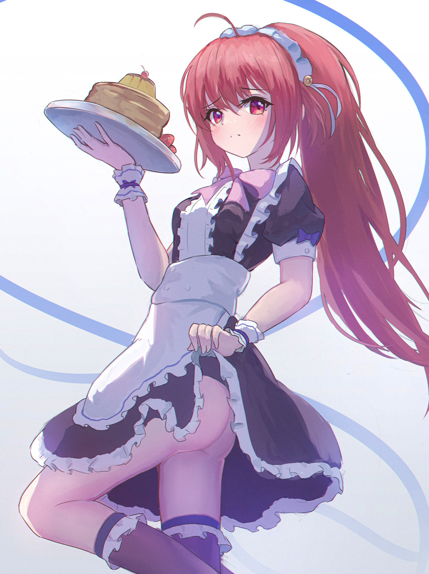 1girl ahoge alternate_costume apron ass bell black_dress black_socks blush bow breasts brown_hair cake center_frills closed_mouth clothes_lift commentary dress dress_lift enmaided eyes_visible_through_hair feet_out_of_frame food frilled_apron frilled_cuffs frilled_dress frilled_socks frills from_side frown furrowed_brow hair_bell hair_between_eyes hair_ornament hair_ribbon hand_up highres holding holding_tray jingle_bell kneehighs lifted_by_self little_busters! long_hair looking_at_viewer maid maid_apron maid_headdress natsume_rin no_panties pink_bow ponytail pudding puffy_short_sleeves puffy_sleeves purple_bow red_eyes ribbon shiki_hamaguri short_dress short_sleeves sidelighting simple_background sleeve_bow small_breasts socks solo standing tray very_long_hair white_apron white_background white_ribbon white_wrist_cuffs