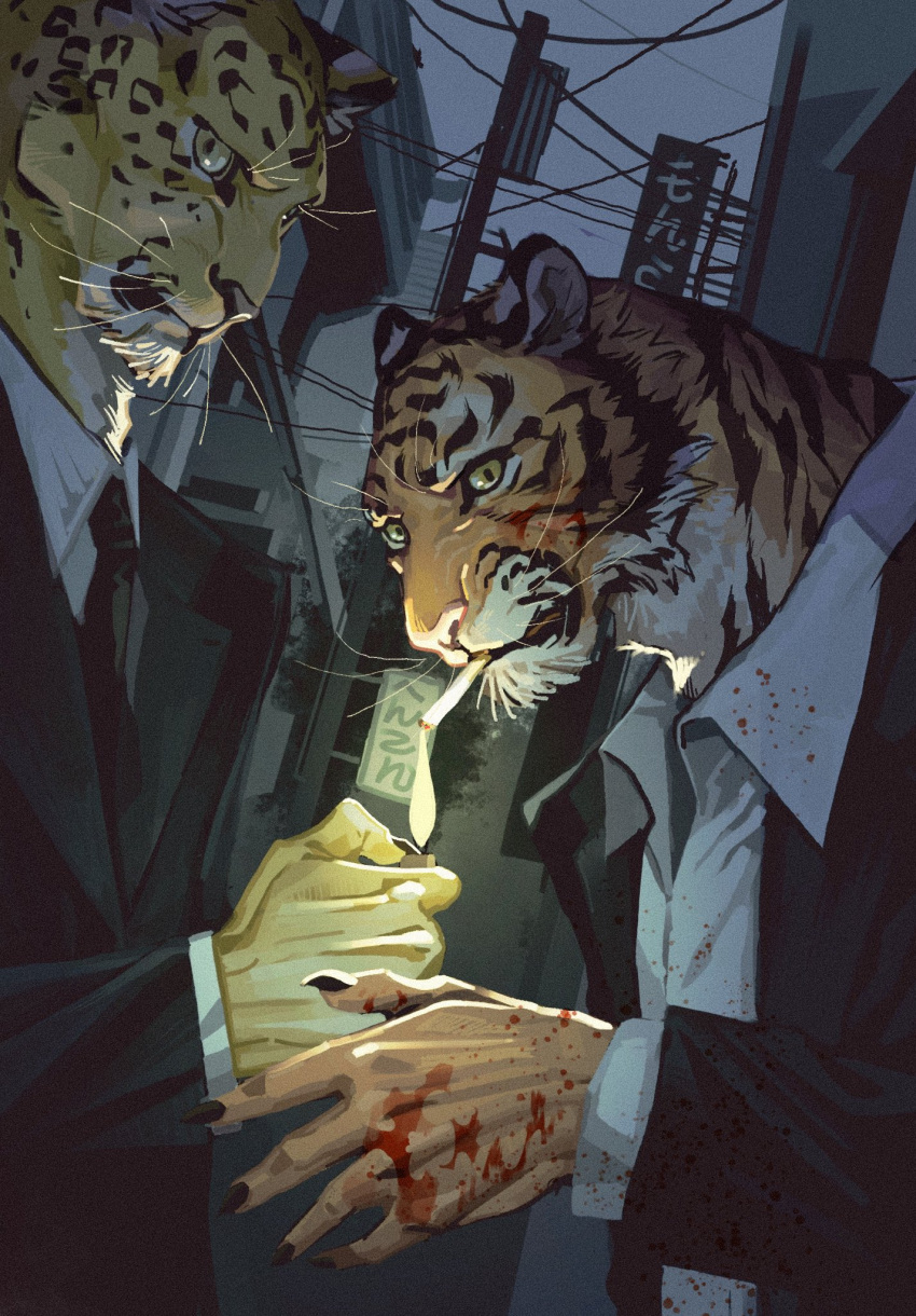 2boys animal_ears black_necktie black_suit blood blood_on_clothes blood_on_hands body_fur cigarette city closed_mouth collared_shirt fingernails formal furry furry_male hand_up highres holding holding_lighter leopard_boy leopard_ears lighter llishifu long_sleeves looking_at_viewer male_focus multiple_boys necktie orange_fur original outdoors sharp_fingernails shirt smoking solo standing suit tiger_boy tiger_ears upper_body whiskers white_shirt yellow_eyes yellow_fur