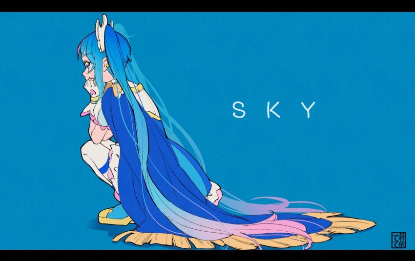 1girl artist_name blue_background blue_cape blue_dress blue_eyes blue_footwear blue_hair boots cape character_name closed_mouth cure_sky detached_sleeves dress earclip fingerless_gloves fringe_trim from_behind gloves gradient_hair head_rest highres hirogaru_sky!_precure letterboxed long_hair looking_at_viewer looking_back magical_girl multicolored_hair pink_hair precure puffy_detached_sleeves puffy_sleeves short_dress signature smile solo sora_harewataru squatting tete_a thighhighs twintails two-sided_cape two-sided_fabric very_long_hair white_gloves white_thighhighs wing_hair_ornament