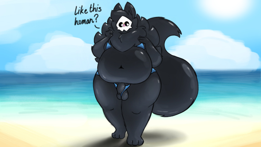 ailingspice beach big_tail bikini black_body black_fur canid canine canis changed_(video_game) clothing embarrassed fluffy foreskin fur genitals goo_creature hi_res latex latex_creature male mammal obese overweight penis puro_(changed) seaside small_clothing small_penis solo solo_focus swimwear tail thick_thighs undersized_clothing wardrobe_malfunction wolf