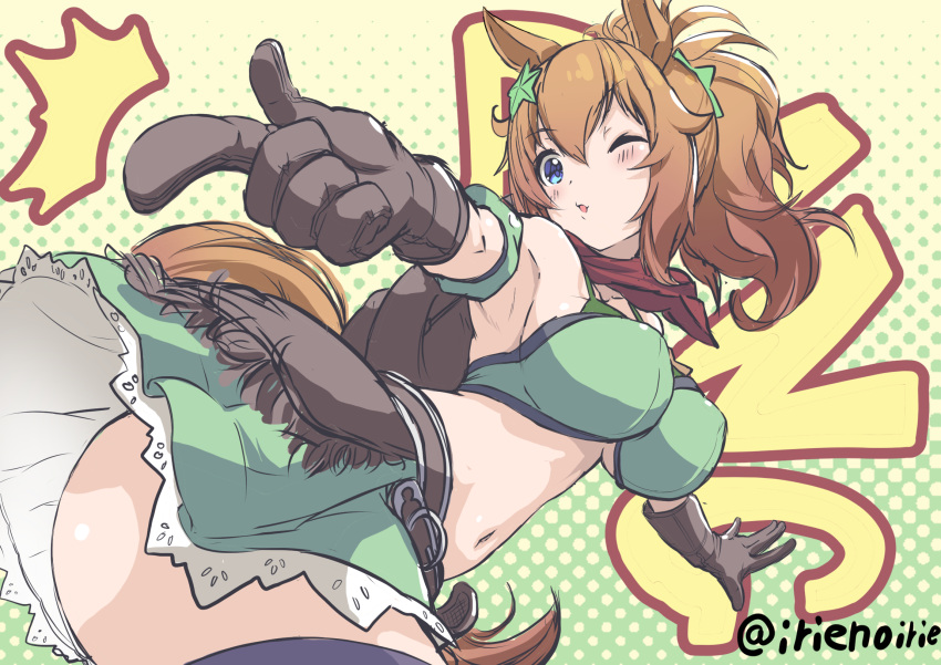 animal_ears armband armpits ass bandana bandeau bare_shoulders belt black_thighhighs blue_eyes blush breasts brown_gloves brown_hair covered_nipples gloves green_armband green_bandeau green_skirt hair_between_eyes hat hat_around_neck highres horse_ears horse_girl horse_tail irie_keisuke_(handn) large_breasts long_hair looking_back midriff navel one_eye_closed ponytail red_bandana skirt taiki_shuttle_(umamusume) tail thighhighs twitter_username umamusume