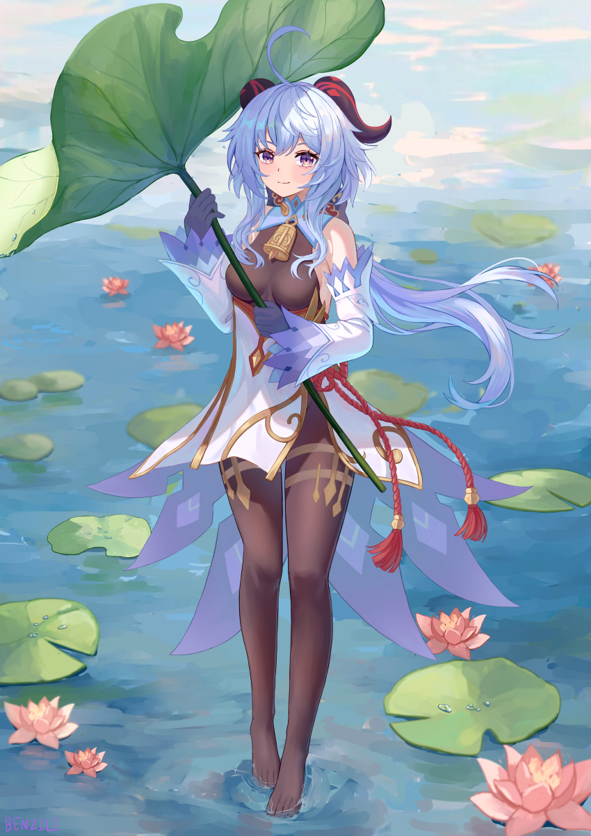1girl absurdres ahoge bare_shoulders bell benzi_li black_pantyhose blue_gloves blue_hair blush breasts chinese_knot detached_sleeves flower flower_knot full_body ganyu_(genshin_impact) genshin_impact gloves gold_trim highres horns light_smile lily_pad long_hair looking_at_viewer lotus low_ponytail medium_breasts neck_bell no_shoes outdoors pantyhose purple_eyes sidelocks solo standing tassel thighlet thighs waist_cape white_sleeves