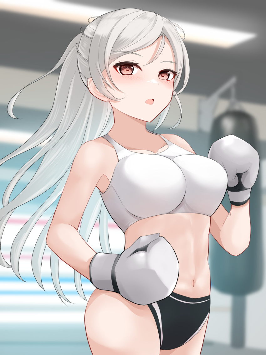 1girl absurdres alternate_costume blush boxing boxing_gloves boxing_ring breasts brown_eyes buruma conte_di_cavour_(kancolle) cowboy_shot dangan_kurabu grey_hair gym highres kantai_collection large_breasts long_hair looking_at_viewer navel open_mouth punching_bag solo sports_bra sportswear training white_sports_bra