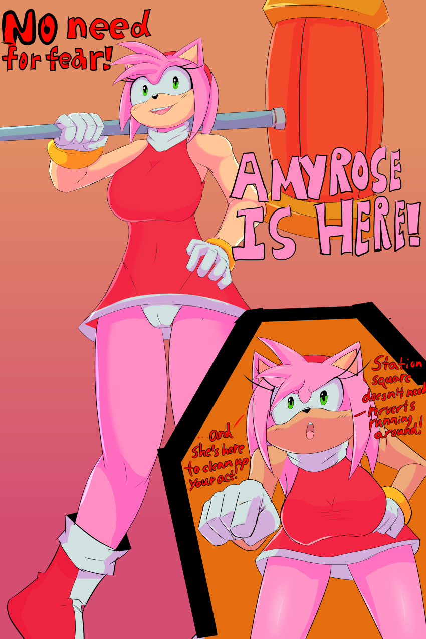 2:3 absurd_res amy_rose anthro bent_forward bent_over english_text eulipotyphlan female fur gesture green_eyes hammer hand_on_hip hedgehog hi_res mammal pink_body pink_fur pointing sega shoobiedoobie12 smile smiling_at_viewer solo sonic_the_hedgehog_(series) text tools