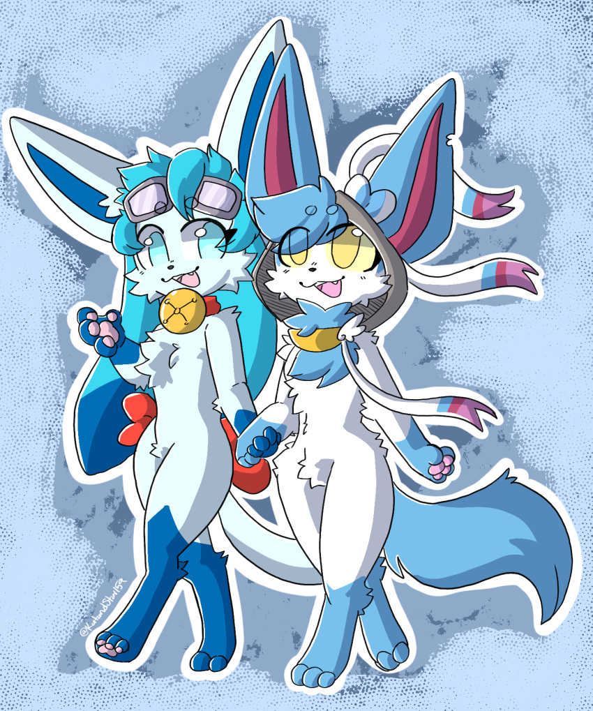2023 3_toes 4_fingers anthro bell bell_collar black_nose blue_body blue_eyes blue_fur bow_ribbon cel_(glaceon) chest_tuft clothing collar cute_fangs duo eeveelution eyewear feet female fingers fur generation_4_pokemon generation_6_pokemon glaceon goggles gold_ring hand_holding hi_res hoodie katandstar154 nintendo open_mouth pawpads paws pokemon pokemon_(species) sai_(sylveon) shiny_pokemon simple_background sylveon teeth toes tongue topwear tuft white_body white_fur yellow_eyes