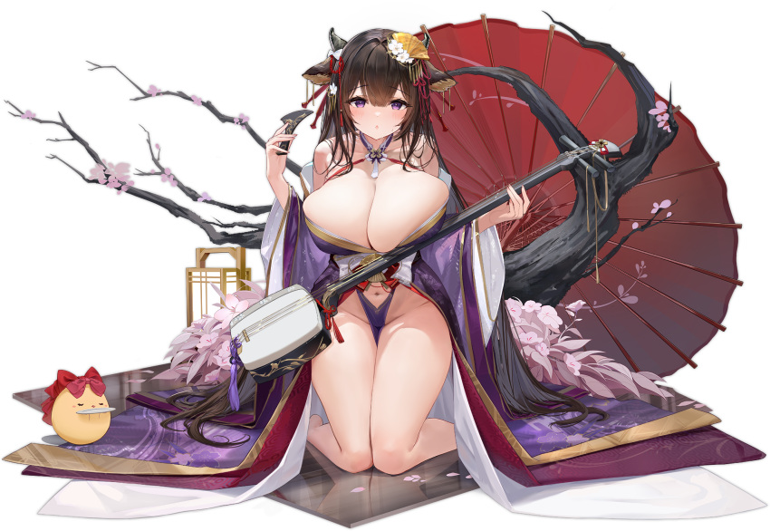 1girl ? azur_lane bare_shoulders breasts brown_hair cleavage cow_girl cow_horns feifeifeihai full_body highres holding horns huge_breasts instrument japanese_clothes kashino_(azur_lane) kashino_(robust_floral_strings)_(azur_lane) kimono kneeling long_hair long_sleeves looking_at_viewer manjuu_(azur_lane) navel official_alternate_costume official_art oil-paper_umbrella purple_kimono shamisen solo umbrella very_long_hair wide_sleeves