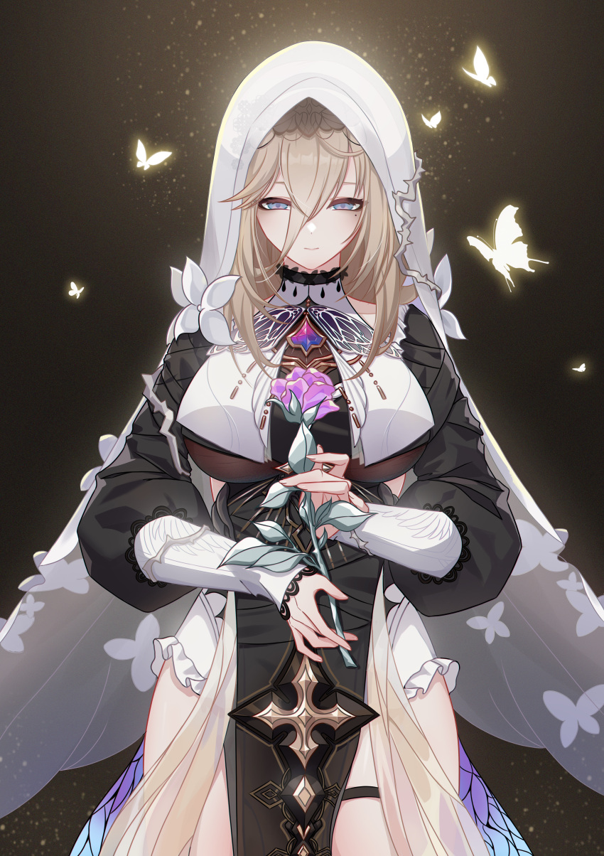 1girl absurdres aponia_(honkai_impact) black_background black_dress blonde_hair blue_eyes breasts bug butterfly butterfly_wings chinese_commentary closed_mouth commentary_request cowboy_shot dress flower frills hair_between_eyes highres holding holding_flower honkai_(series) honkai_impact_3rd insect_wings large_breasts light_particles long_bangs long_hair long_sleeves looking_at_viewer mole mole_under_eye nun ouya_(pixiv_52685215) pelvic_curtain purple_flower rose smile solo thigh_strap veil wings