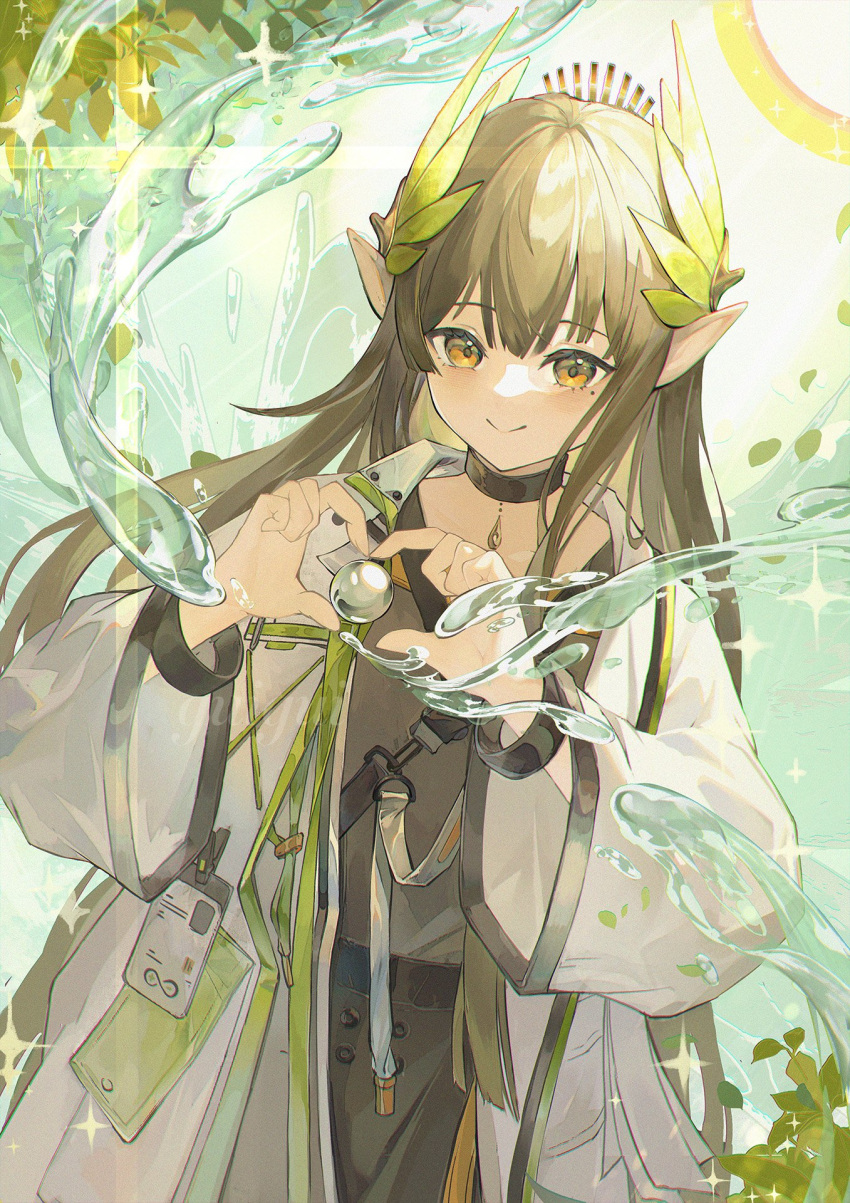 13144281wer 1girl :&gt; arknights black_choker blush brown_hair choker coat elf heart heart_hands highres hydrokinesis lab_coat laurel_crown laurels light_brown_hair long_hair long_sleeves looking_at_viewer mole mole_under_eye muelsyse_(arknights) open_clothes open_coat orange_eyes pointy_ears rhine_lab_logo smile solo upper_body very_long_hair water