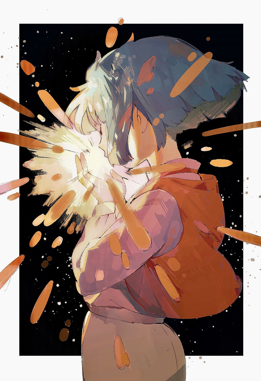 1boy aged_down black_background bob_cut child closed_eyes commentary cupping_hands eating floating_hair from_side glowing gr_7 hands_up highres howl_(howl_no_ugoku_shiro) howl_no_ugoku_shiro light_particles male_child male_focus open_mouth outside_border own_hands_together pink_shirt red_vest shirt short_hair sidelocks solo vest