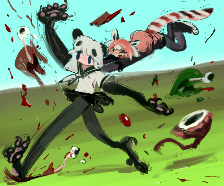 &gt;_&lt; 2girls absurdres animal_ears animal_feet animal_hands arm_up black_eyes black_sailor_collar black_shirt black_skirt blood cellien_(kemono_friends) claws commentary_request death expressionless eyeball fangs giant_panda_(kemono_friends) grey_hair highres holding_on kemono_friends lesser_panda_(kemono_friends) midair monster motion_lines multicolored_hair multiple_girls neckerchief no_mouth no_sclera open_mouth orange_hair panda_ears panda_girl panda_tail pero_(sabuaka_bacon) red_panda_ears red_panda_girl red_panda_tail sailor_collar school_uniform serafuku shirt shoes short_sleeves skirt slashing sneakers tareme walking white_neckerchief white_shirt