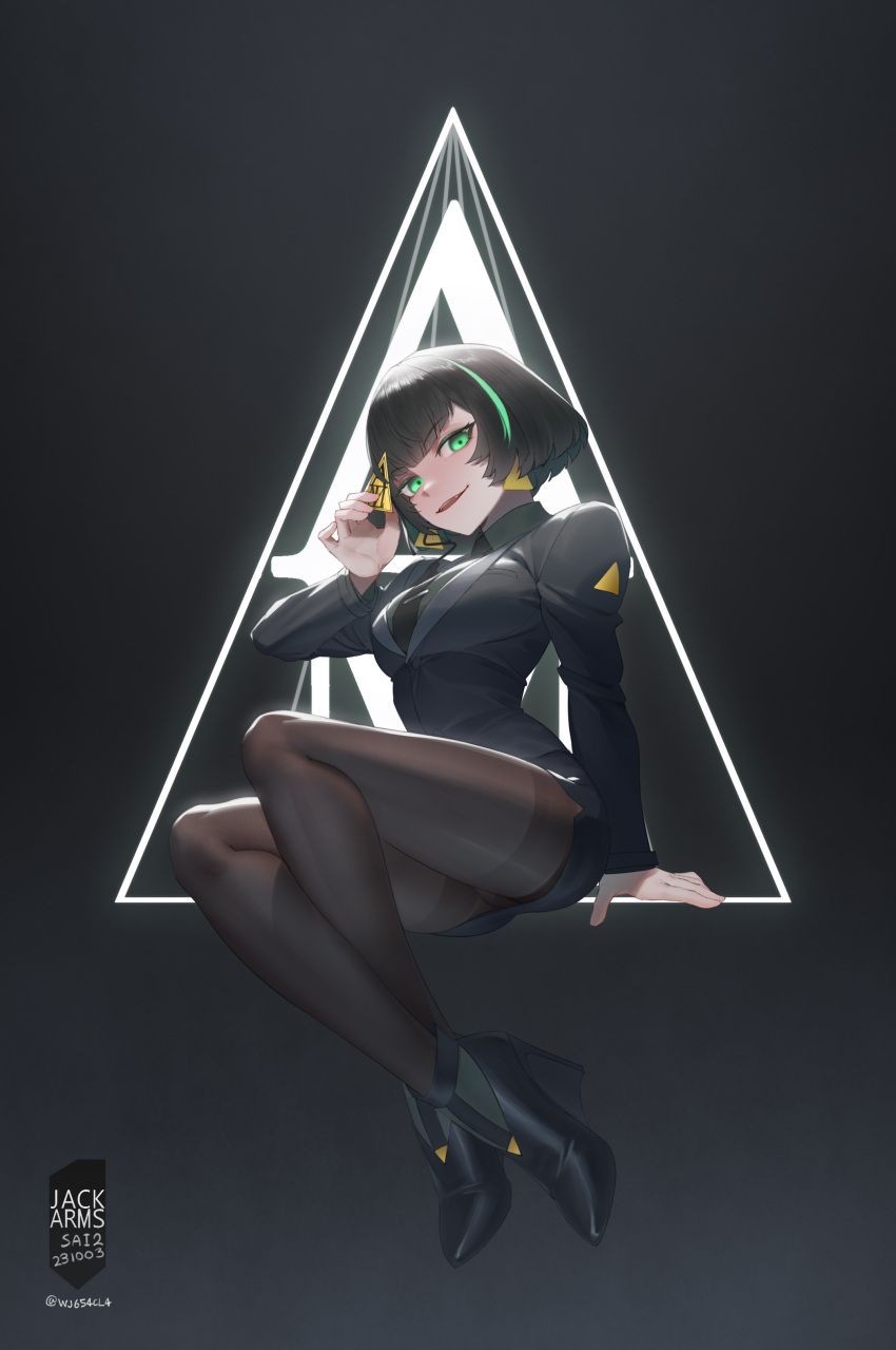 1girl absurdres allmind_(armored_core_6) armored_core armored_core_6 artist_name backlighting black_background black_hair black_necktie bob_cut brown_pantyhose character_logo dated earrings evil_smile green_eyes grey_shirt high_heels highres jack_arms jewelry legs looking_at_viewer necktie office_lady pantyhose personification shirt short_hair smile solo thighband_pantyhose triangle_earrings upskirt