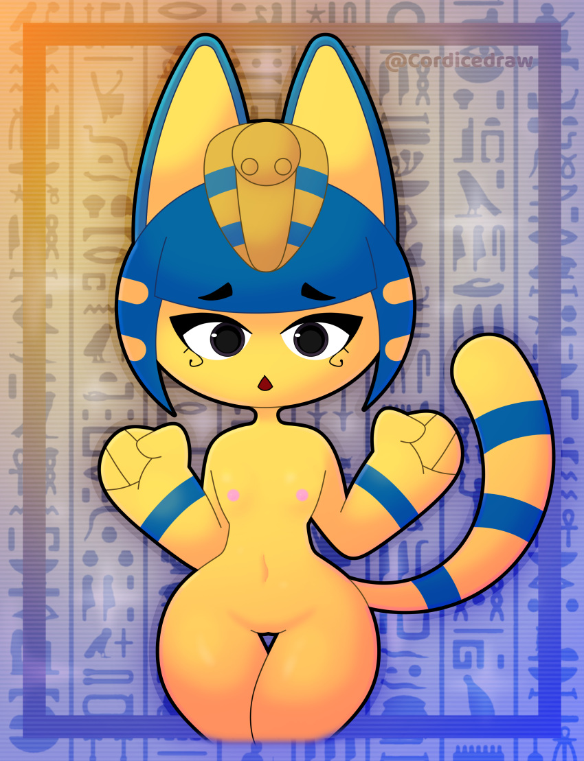 absurd_res animal_crossing ankha_(animal_crossing) anthro big_head blue_hair breasts clothing cordicedraw curvy_figure cute_expression female glistening glistening_body hair headgear headwear hi_res hieroglyphics navel nintendo nipples shy small_breasts solo thick_thighs wide_hips yellow_body