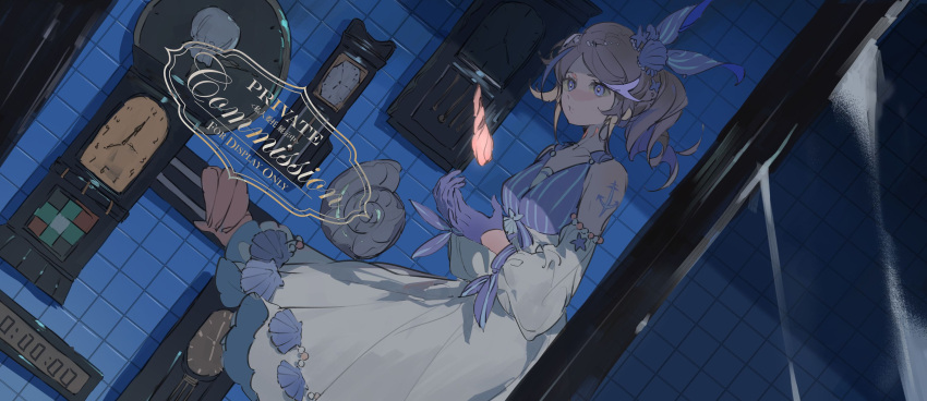 1girl anchor_tattoo arm_tattoo bare_shoulders blush breasts brown_hair chocolate_(jitong) clock collarbone commission detached_sleeves dress dutch_angle gloves highres long_skirt looking_at_viewer original parted_bangs pleated_skirt ponytail purple_eyes purple_gloves shell_hair_ornament skirt sleeveless sleeveless_dress small_breasts solo tattoo tile_wall tiles watermark white_skirt white_sleeves