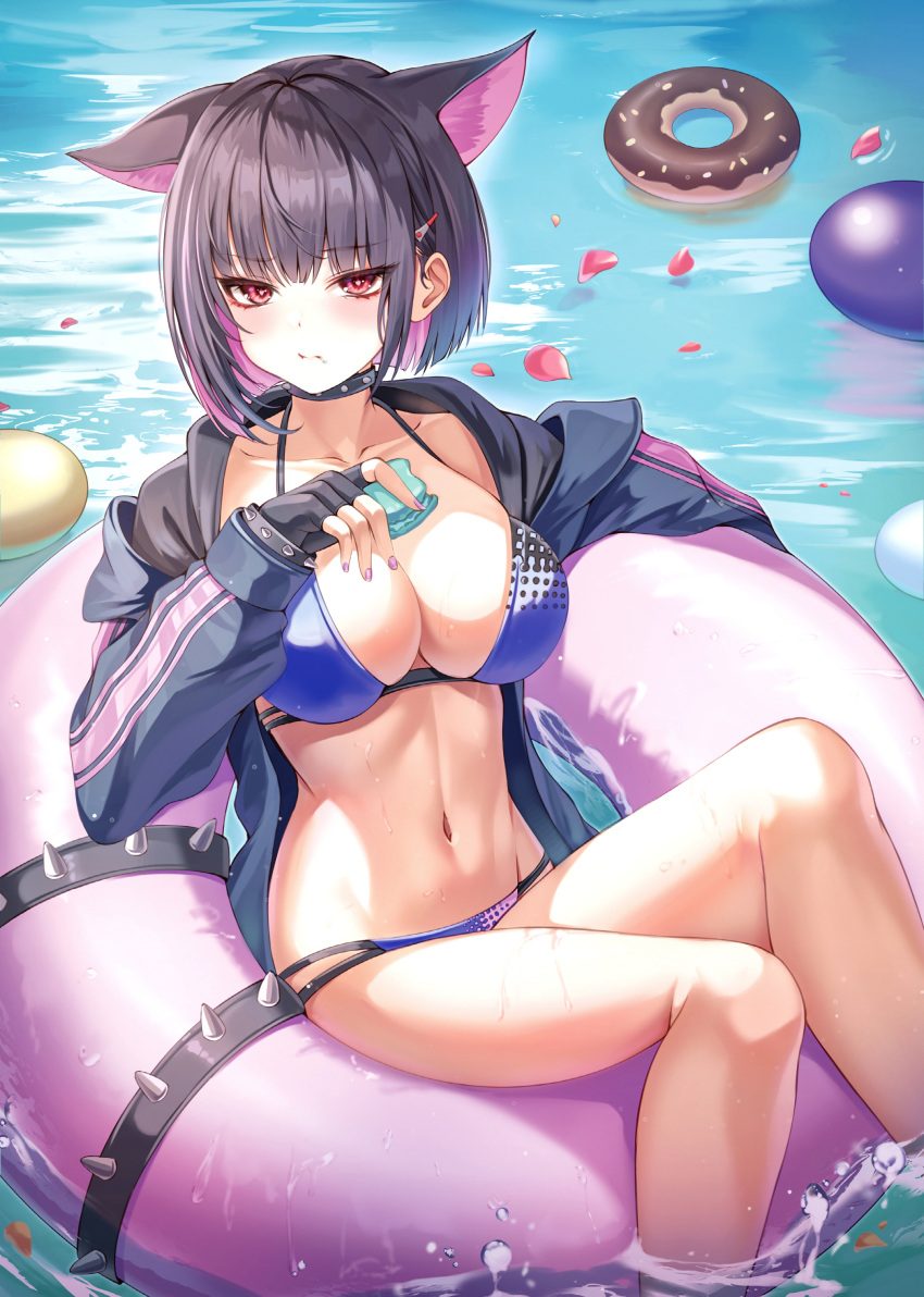 1girl absurdres animal_ears bikini black_hair black_jacket blue_archive blue_bikini blush bnari breasts cat_ears choker cleavage collarbone colored_inner_hair eating extra_ears food hair_ornament hairclip highres innertube jacket kazusa_(blue_archive) large_breasts looking_at_viewer macaron multicolored_hair navel open_clothes open_jacket pink_hair red_eyes short_hair solo swimsuit thighs