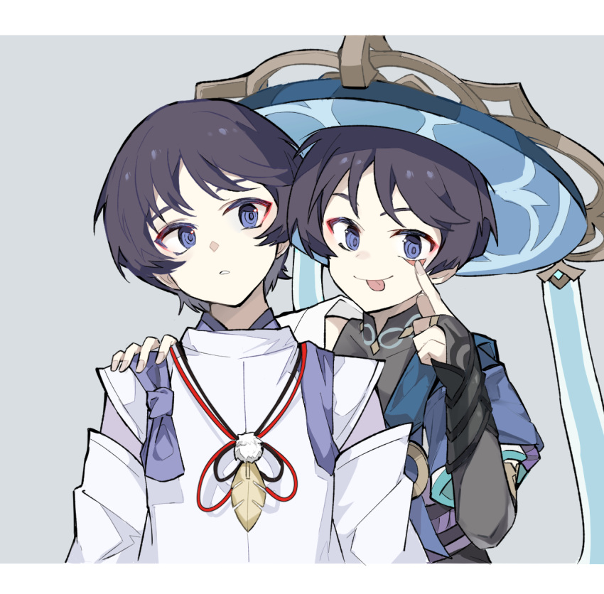 2boys :p akanbe black_hair bridal_gauntlets feather_necklace genshin_impact grey_background hand_on_another's_shoulder hat highres japanese_clothes jewelry long_wind looking_at_viewer male_focus multiple_boys necklace purple_eyes scaramouche_(genshin_impact) short_hair simple_background time_paradox tongue tongue_out upper_body wanderer_(genshin_impact)