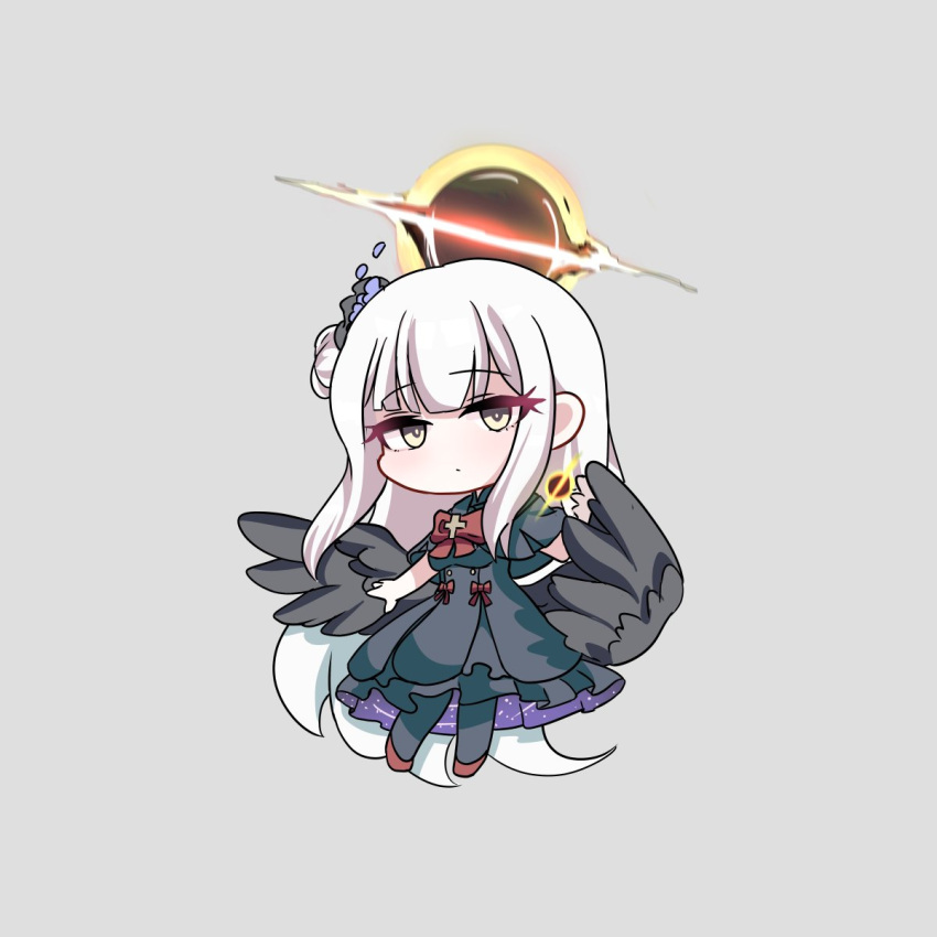 1girl absurdly_long_hair alternate_universe black_capelet black_dress black_hole black_pantyhose black_wings blue_archive bow capelet chibi commentary_request dark_halo dark_persona dress feathered_wings grey_background grey_hair hair_bun hair_ornament hair_scrunchie halo highres korean_commentary long_hair mika_(blue_archive) neck_ribbon pantyhose red_bow red_footwear red_ribbon ribbon scrunchie simple_background single_side_bun skyrain315 solo standing very_long_hair wings yellow_eyes