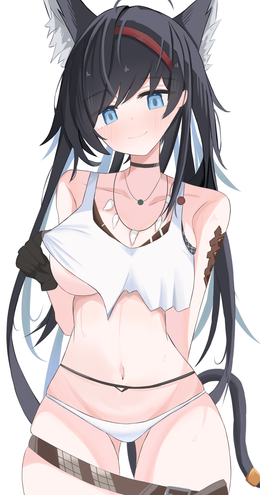 1girl absurdres animal_ear_fluff animal_ears arknights ass_visible_through_thighs bare_shoulders black_choker black_gloves black_hair blaze_(arknights) blue_eyes blush breasts cat_ears cat_tail choker closed_mouth clothes_lift collarbone cowboy_shot crop_top crop_top_overhang gloves hairband highres jewelry large_breasts lifted_by_self looking_at_viewer lowleg lowleg_panties midriff navel necklace no_pants nui_(nuinui0300) oripathy_lesion_(arknights) panties pendant red_hairband shirt_lift simple_background smile solo tail tank_top tooth_necklace underboob underwear white_background white_panties white_tank_top