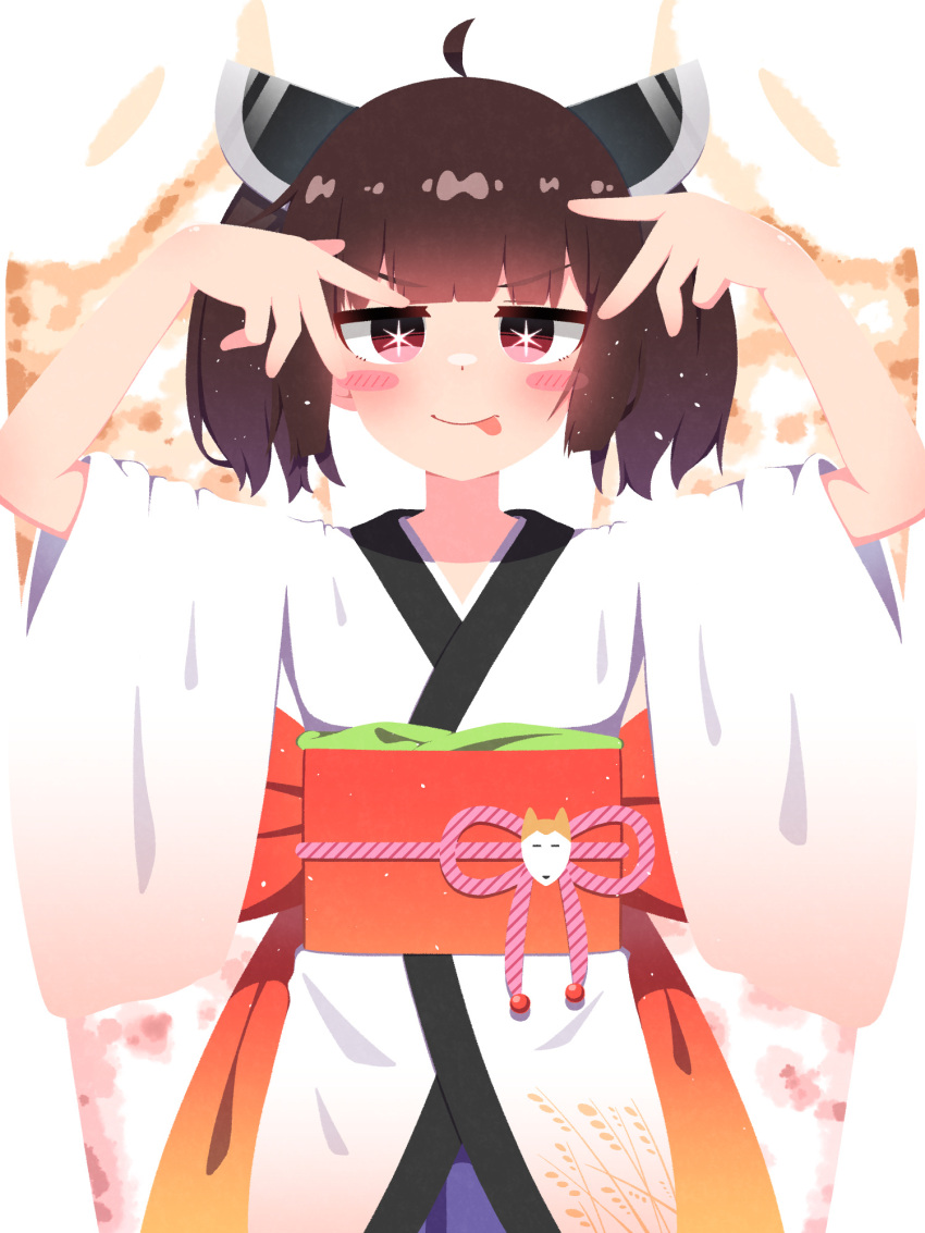 1girl ahoge arms_up blade blunt_bangs blush_stickers bow brown_hair closed_mouth commentary_request cowboy_shot gradient_bow headgear highres japanese_clothes jitome kimono kiritanpo_(food) looking_at_viewer miriota obi obijime orange_bow oshi_no_ko oversized_food pose_imitation purple_skirt red_eyes sash short_kimono simple_background skirt smile solo star-shaped_pupils star_(symbol) symbol-shaped_pupils tongue tongue_out touhoku_kiritan v v-shaped_eyebrows voiceroid w waist_bow white_background white_kimono wide_sleeves