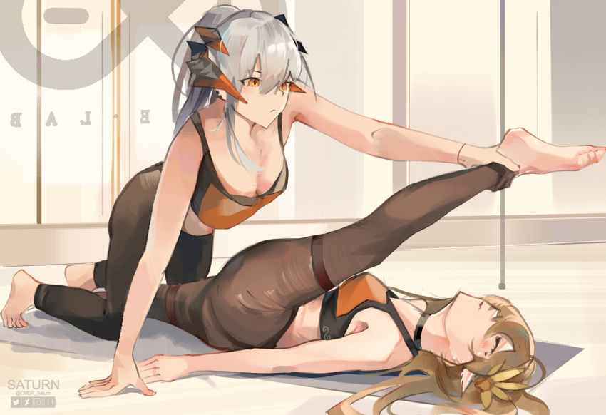 2girls arknights artist_name barefoot black_pants blush breasts brown_hair cleavage cmdr_saturn deviantart_logo english_commentary grey_hair hair_between_eyes highres instagram_logo long_hair lying medium_breasts mirrored_text muelsyse_(arknights) multiple_girls on_back orange_eyes pants pixiv_logo pointy_ears saria_(arknights) sports_bra stretching twitter_logo twitter_username yoga yoga_mat yoga_pants