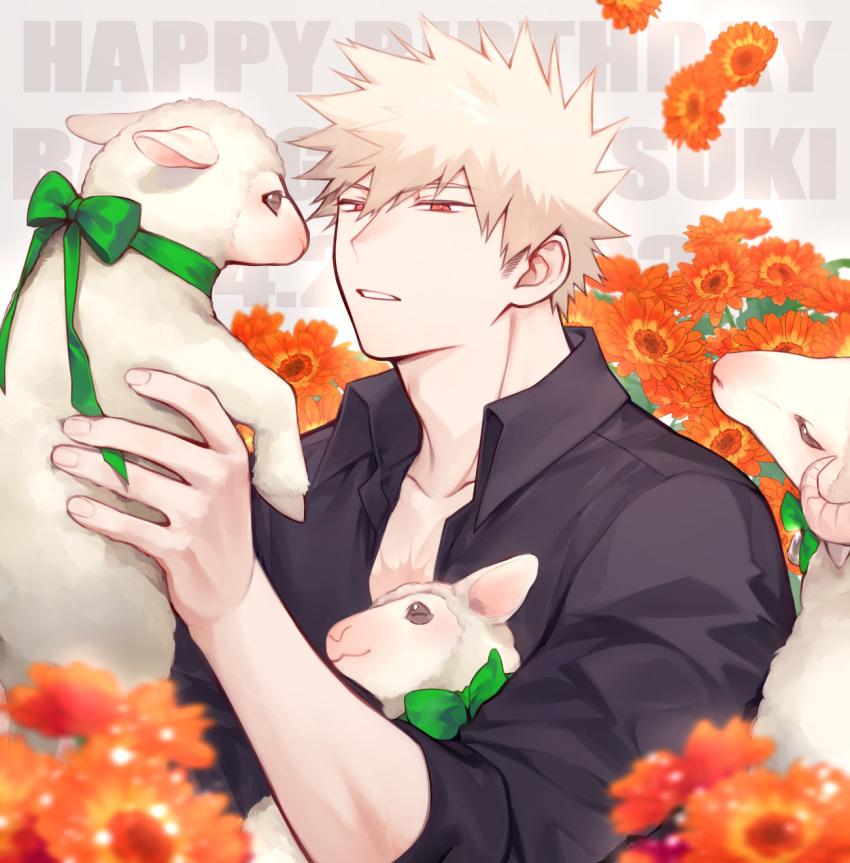 1boy animal bakugou_katsuki birthday black_shirt blonde_hair blurry blurry_foreground boku_no_hero_academia character_name closed_eyes collared_shirt commentary dated depth_of_field dress_shirt falling_flower fingernails flower flower_request from_side goat goat_horns green_ribbon hair_between_eyes hands_up happy_birthday highres holding holding_animal horns lamb looking_at_animal male_focus meltnotmelt narrowed_eyes neck_ribbon open_clothes open_collar open_shirt orange_flower parted_lips red_eyes ribbon scar scar_on_chest sheep shirt short_hair sideburns sleeves_past_elbows sleeves_rolled_up snout solo spiked_hair spoilers text_background timestamp upper_body wing_collar wool