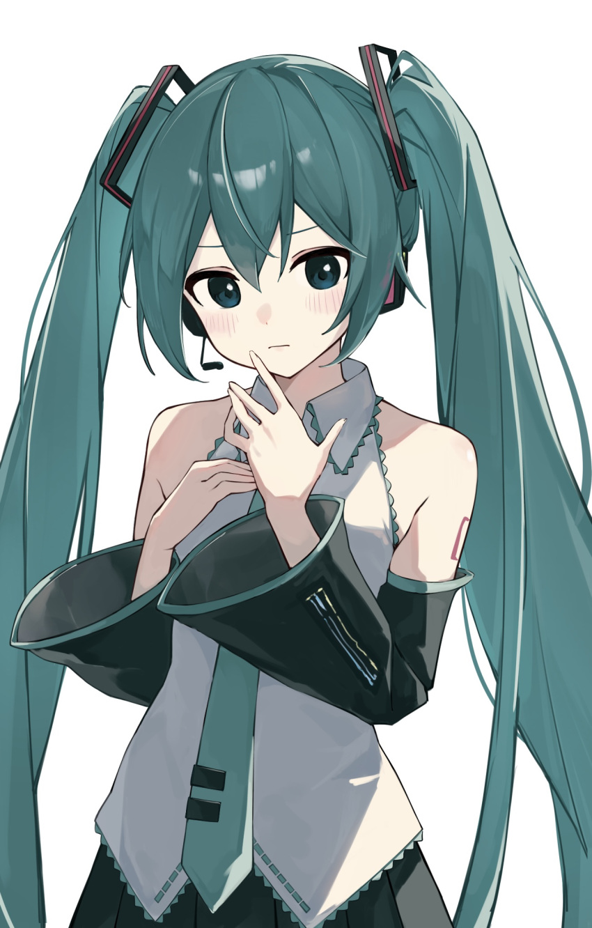 1girl aqua_hair aqua_necktie bare_shoulders black_skirt black_sleeves blue_eyes closed_mouth collared_shirt detached_sleeves grey_shirt hair_ornament hatsune_miku headphones headset highres light_blush long_hair looking_at_viewer microphone necktie number_tattoo open_hands rakugaki_ningen shirt shoulder_tattoo skirt sleeveless sleeveless_shirt solo tattoo twintails upper_body very_long_hair vocaloid white_background wide_sleeves