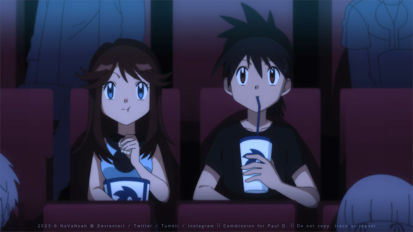 1boy 1girl :t black_hair black_shirt blue_eyes brown_eyes brown_hair closed_mouth collarbone cup disposable_cup drinking_straw eating eyelashes food green_(pokemon) hair_flaps highres holding holding_cup long_hair mixed-language_commentary movie_theater noelia_ponce pokemon pokemon_adventures popcorn red_(pokemon) shirt short_sleeves sidelocks spiked_hair split_mouth t-shirt watermark