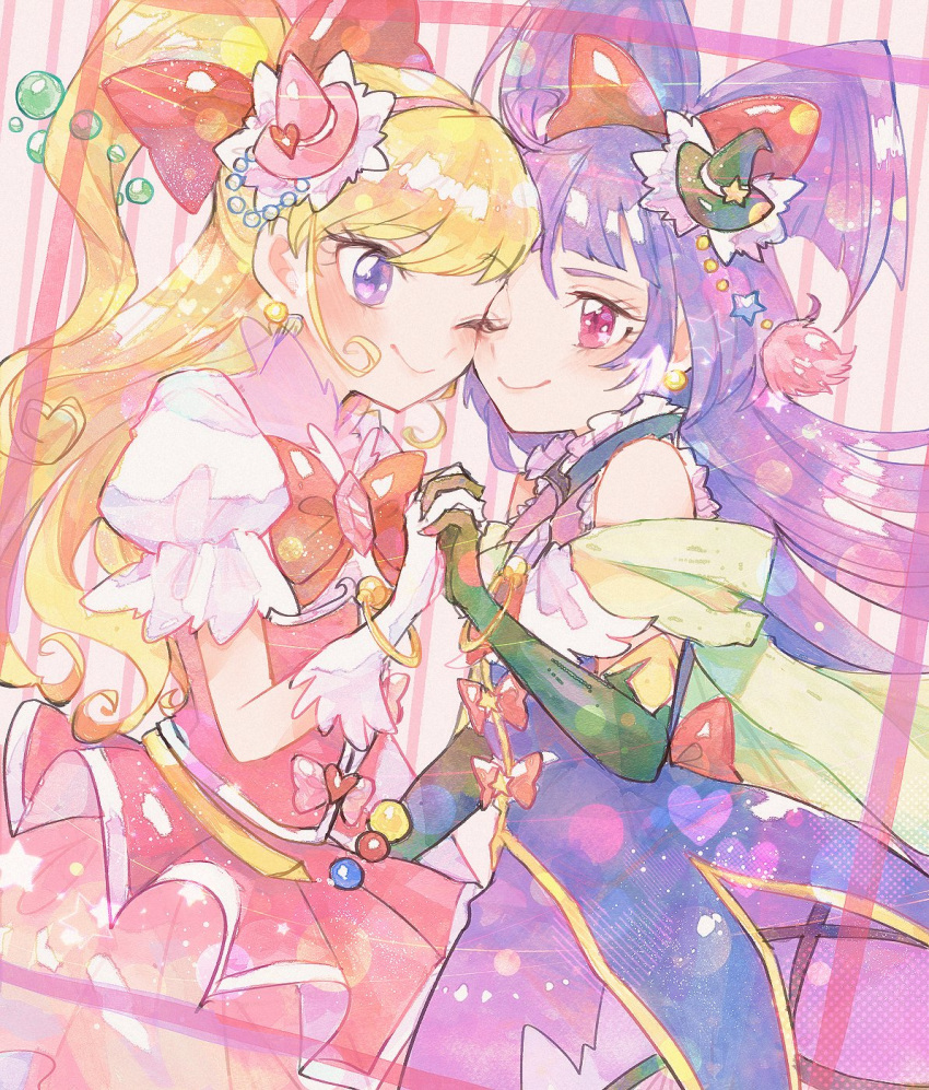 2girls asahina_mirai black_gloves black_headwear blonde_hair cure_magical cure_miracle elbow_gloves gloves half_updo hat highres holding_hands itomugi-kun izayoi_liko long_hair magical_girl mahou_girls_precure! mini_hat mini_witch_hat multiple_girls one_eye_closed pink_eyes pink_headwear precure purple_eyes purple_hair white_gloves witch_hat