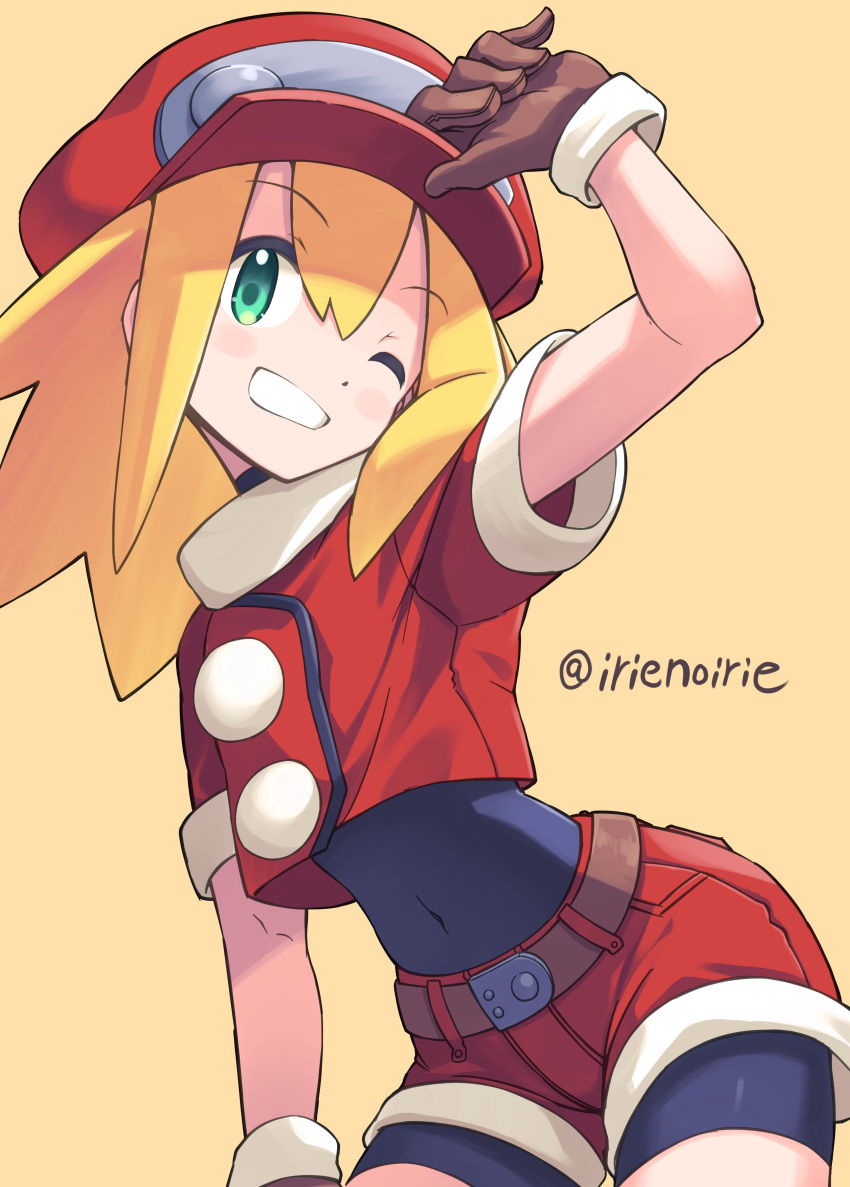 1girl absurdres adjusting_clothes adjusting_headwear belt black_bodysuit blonde_hair blush bodysuit bodysuit_under_clothes brown_gloves cabbie_hat covered_navel cropped_jacket gloves green_eyes hair_between_eyes hat highres irie_keisuke_(handn) jacket long_hair looking_at_viewer mega_man_(series) mega_man_legends navel one_eye_closed red_headwear red_jacket red_shorts roll_caskett_(mega_man) short_sleeves shorts simple_background smile solo twitter_username yellow_background