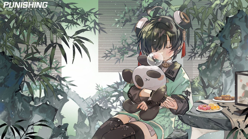 ahoge artist_request bamboo birthday chinese_clothes double_bun fingerless_gloves food gloves hair_bun hug nose_bubble object_hug official_art pulao_(punishing:_gray_raven) punishing:_gray_raven sitting sleeping stuffed_animal stuffed_panda stuffed_toy thighhighs