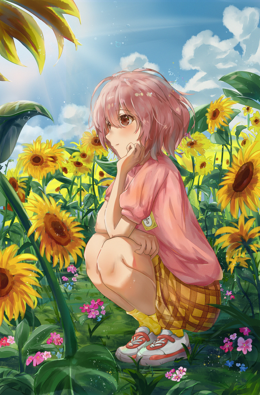 1girl absurdres aged_down arm_support blue_flower blue_skirt blue_sky child closed_mouth cloud cloudy_sky dress flower full_body fuuri grass hand_on_own_cheek hand_on_own_face highres id_card koe_no_katachi nishimiya_shouko outdoors pink_eyes pink_flower pink_hair pink_shirt plaid plaid_skirt shirt shoes short_hair short_sleeves skirt sky smile sneakers socks solo squatting sundress sunflower sunlight white_footwear yellow_skirt yellow_socks