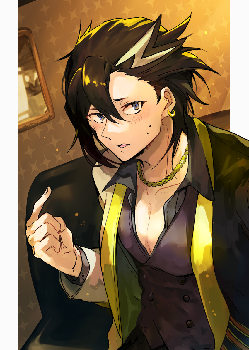 1boy absurdres black_hair black_pants black_shirt border collarbone couch earrings fate/grand_order fate_(series) fingernails gold_necklace grey_hair hair_between_eyes highres hoop_earrings indoors jacket jewelry male_focus mandricardo_(fate) mirror multicolored_clothes multicolored_hair multicolored_jacket necklace pants pectoral_cleavage pectorals pointing pointing_at_self shirt short_hair sitting solo streaked_hair sweatdrop tumikilondon5 two-tone_jacket white_border