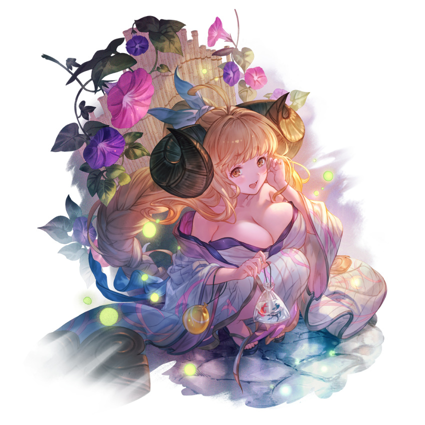 1girl ahoge alternate_hairstyle anila_(granblue_fantasy) anila_(yukata)_(granblue_fantasy) belly_chain blonde_hair blunt_bangs blush bow breasts cleavage curled_horns draph fish flower goldfish granblue_fantasy hand_fan horns japanese_clothes jewelry kimono large_breasts long_hair looking_at_viewer minaba_hideo obi off_shoulder official_art open_mouth pink_flower purple_flower ribbon sash sheep_horns short_eyebrows smile solo squatting thick_eyebrows transparent_background very_long_hair white_bow white_kimono white_ribbon wide_sleeves yellow_eyes yukata