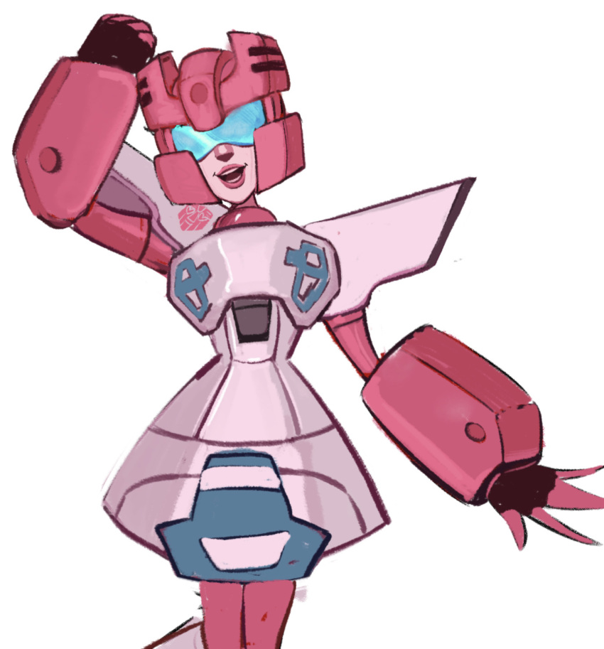 1girl autobot breasts dress hair_over_shoulder highres humanoid_robot light_smile medjedjed narrow_waist pink_lips robot rosanna_(transformers) short_dress simple_background small_breasts solo transformers transformers_animated visor_cap white_background