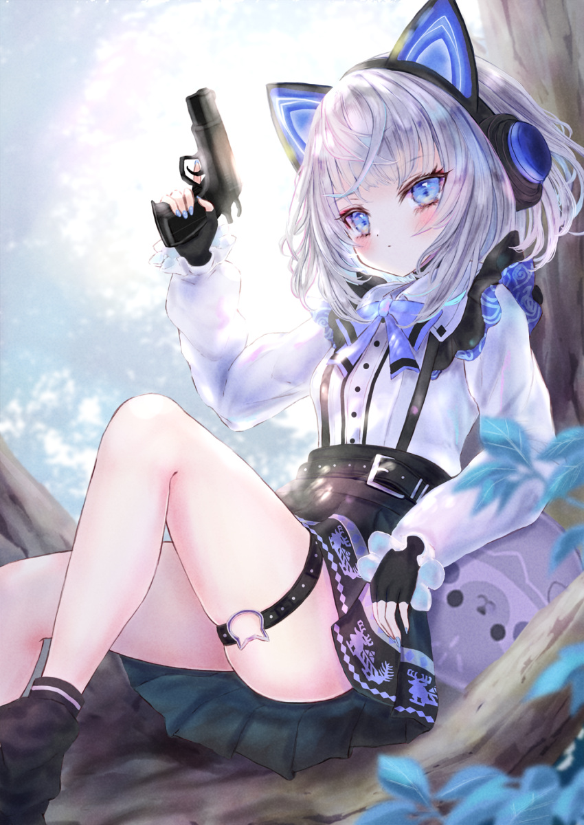 1girl animal_ear_headphones animal_ears bazo_(vestia_zeta) black_choker black_gloves black_skirt blue_bow blue_eyes blue_nails bow bowtie breasts cat_ear_headphones cat_o-ring choker collared_shirt fake_animal_ears fingerless_gloves gloves grey_hair gun headphones high-waist_skirt highres holding holding_gun holding_weapon hololive hololive_indonesia looking_at_viewer medium_hair megts0331 nail_polish o-ring o-ring_thigh_strap shirt short_hair skirt small_breasts solo suspender_skirt suspenders thigh_strap vestia_zeta vestia_zeta_(3rd_costume) virtual_youtuber weapon white_shirt