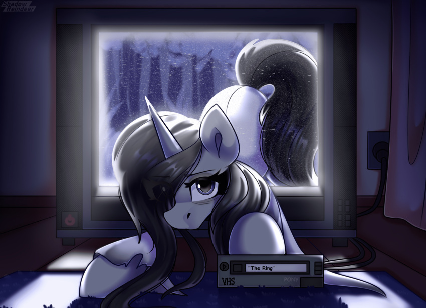 black_hair blue_eyes equid equine fan_character female hair hair_over_eye hasbro hi_res horn mammal my_little_pony one_eye_obstructed shadowreindeer television the_ring unicorn vhs vhs_tape