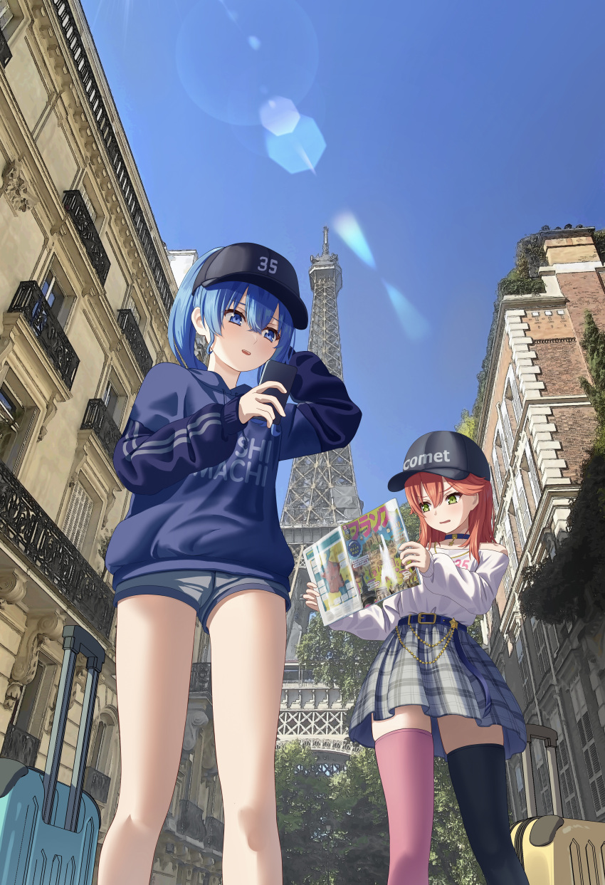 absurdres asakura_(asa_t77) blue_eyes blue_hair briefcase brochure cellphone city confused day eiffel_tower france green_eyes highres holding holding_phone hololive hoshimachi_suisei open_mouth outdoors phone pink_hair sakura_miko shorts smartphone smile vacation virtual_youtuber